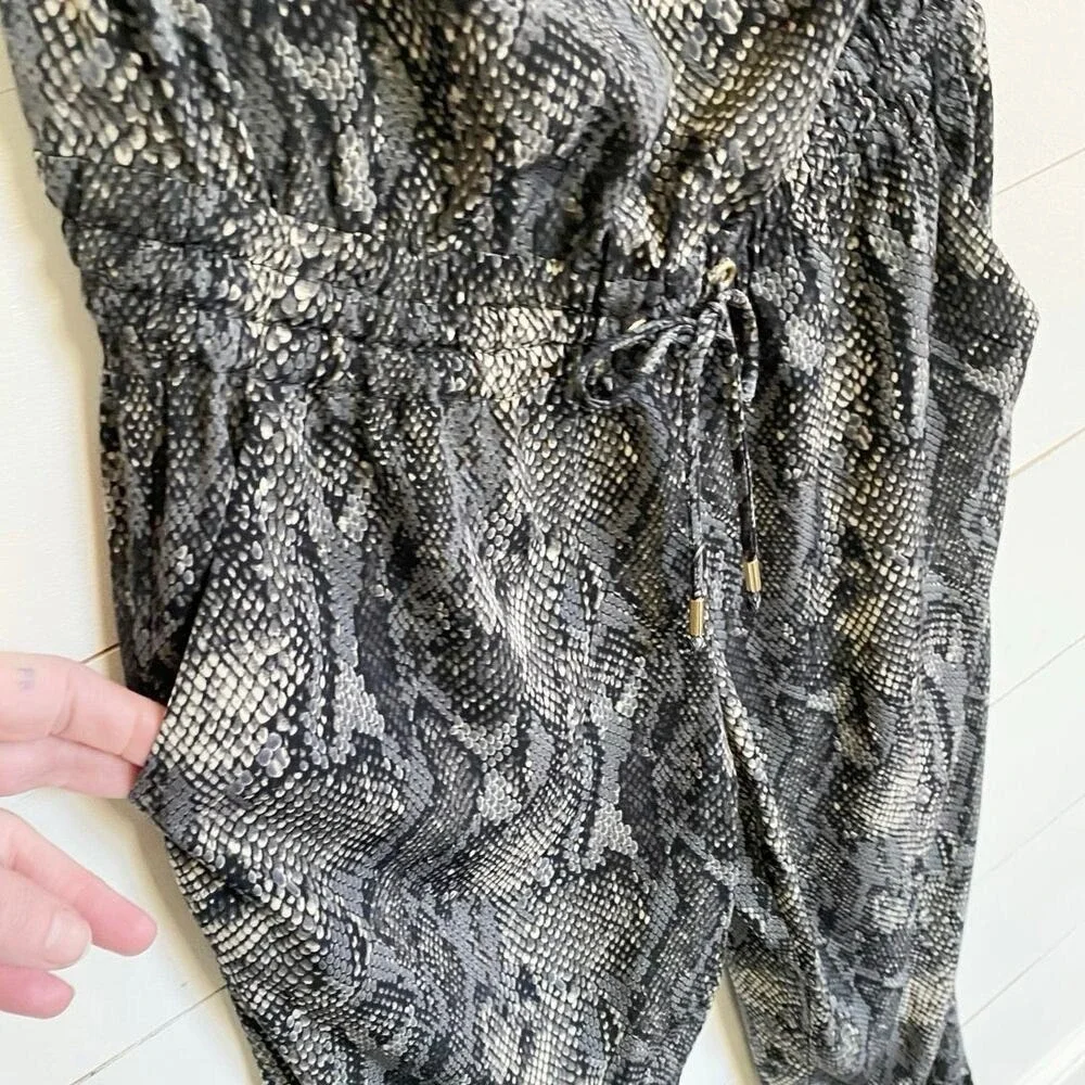 Express Womens Snakeskin Print Strapless Jumpsuit Grey Black XS Drawstring Waist